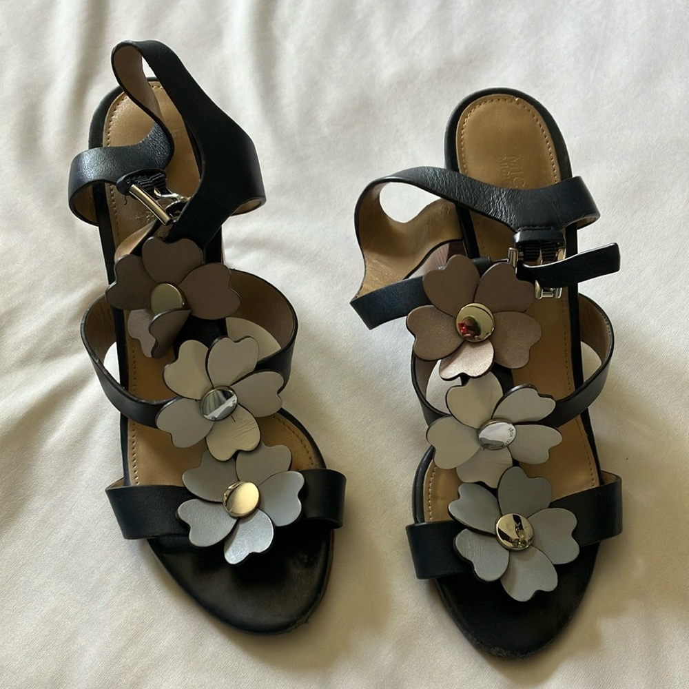Michael Kors Blue Flower Petal stacked heel sandal